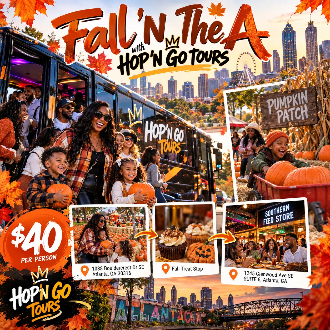 Fall in the A with Hop'N Go Tours flyer: pumpkin patch, fall treat stop and Southern Feed Store