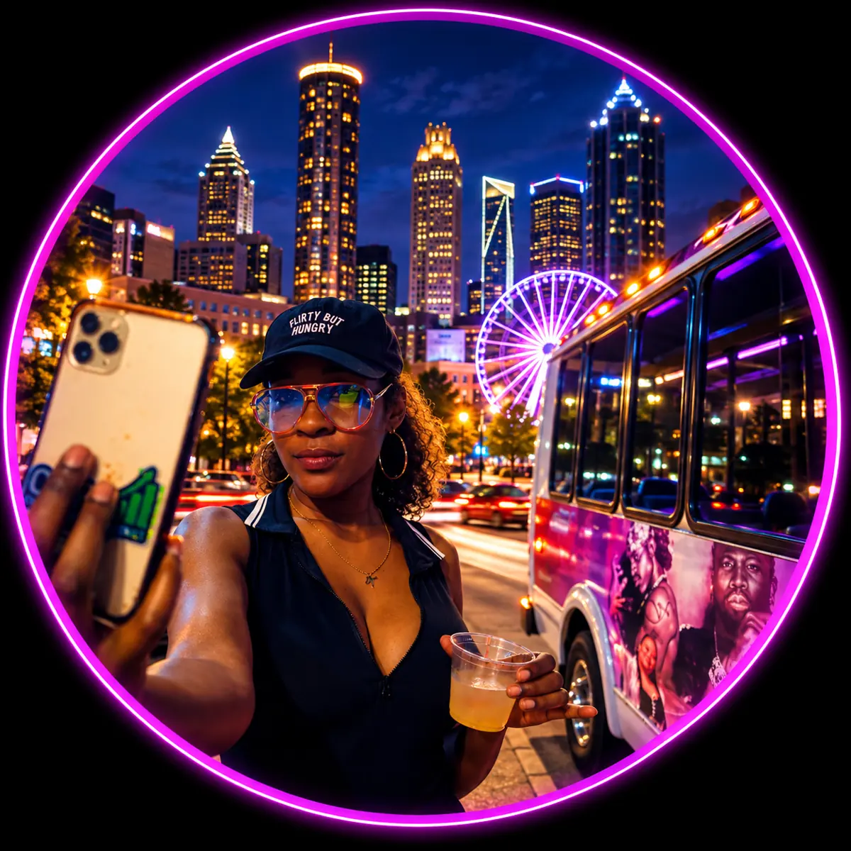 Guest taking a selfie by the Hop'N Go bus with the Atlanta skyline lit up at night